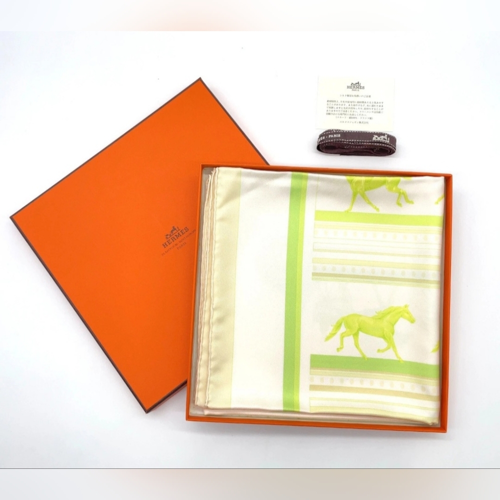 Hermes Carre 90 Sequences Printed Silk Scarf with Equestrian Design